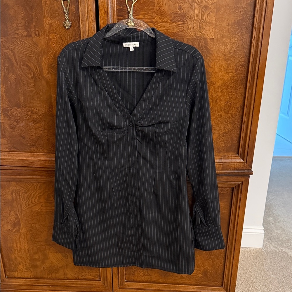 Moon River Black Pinstripe Long Sleeve Dress